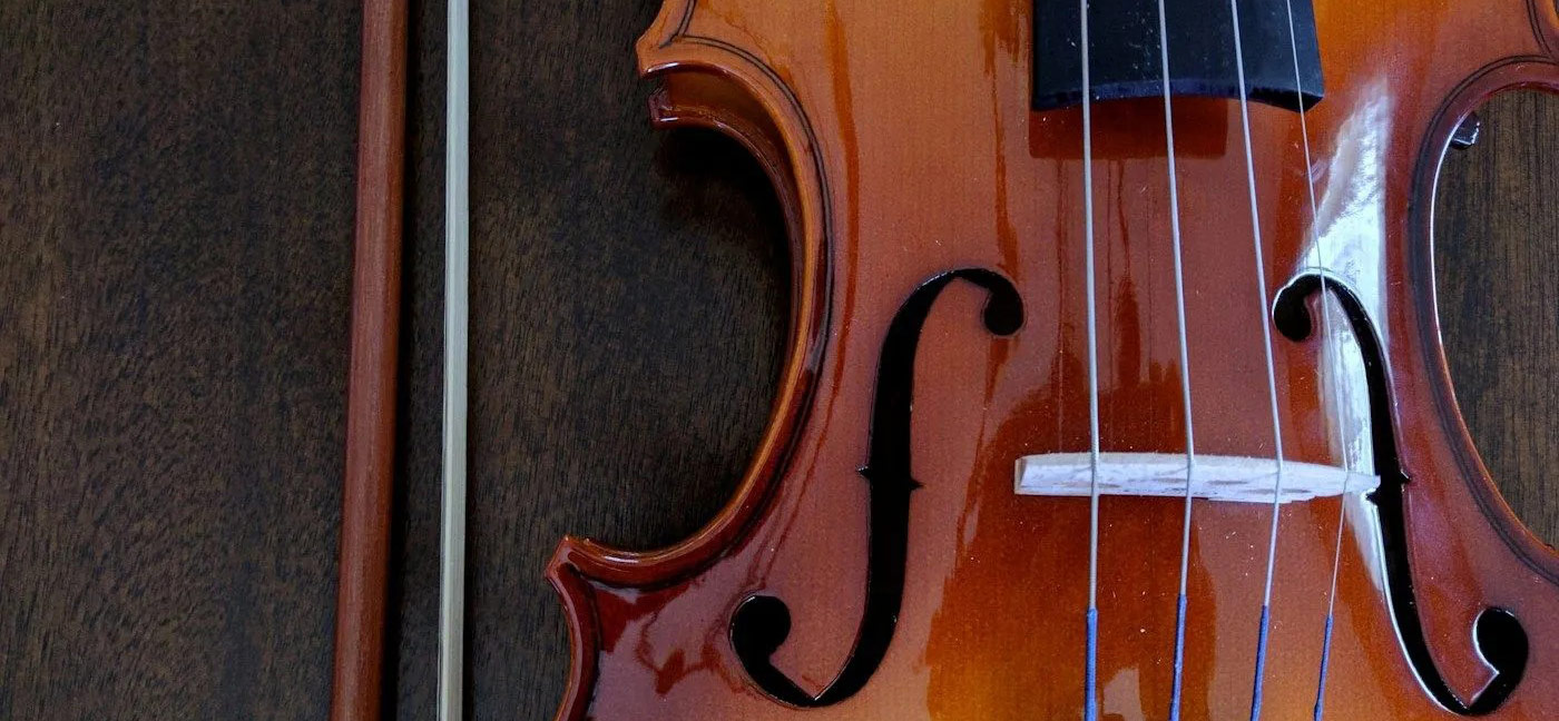 Violin and bow on a wooden table